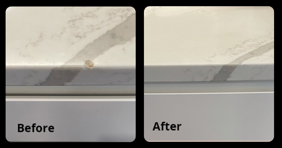 Before and after: a chip on the edge of a white veined stone benchtop, then the same edge with no visible chip
