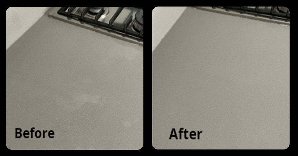 Before and after: a stained, dull benchtop, then cleaned, polished and sealed