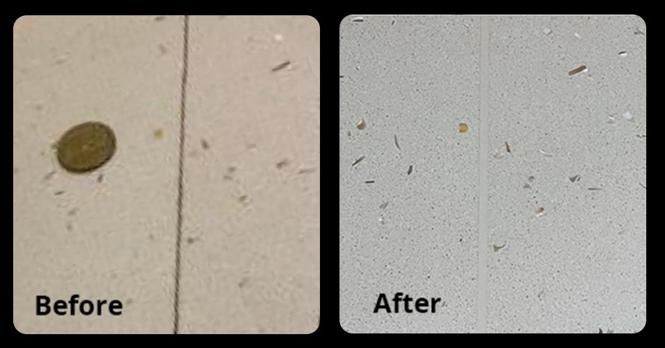 Before and after: an open join near a cooktop on a grey benchtop, then a seamless join