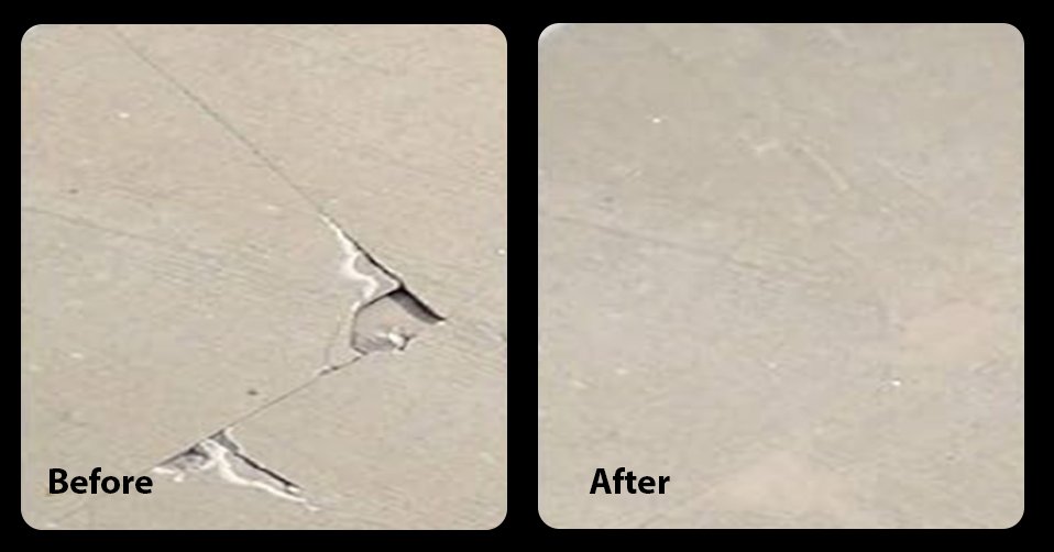 Before and after: a cracked floor tile, then the repaired tile
