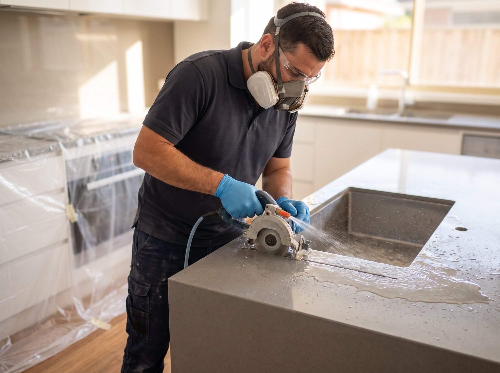 A technician wet cutting a sink cut-out in a grey stone benchtop, water suppressing the dust, kitchen covered in plastic sheeting