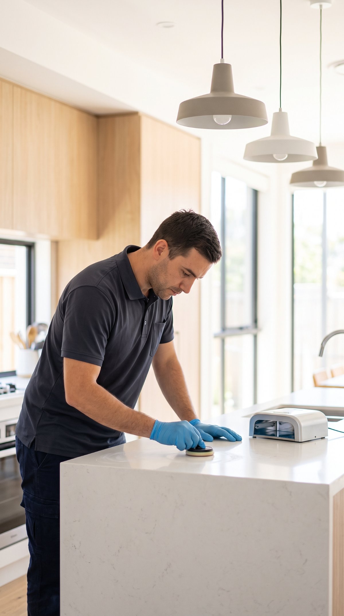 A technician polishing a repaired chip on a white quartz kitchen benchtop